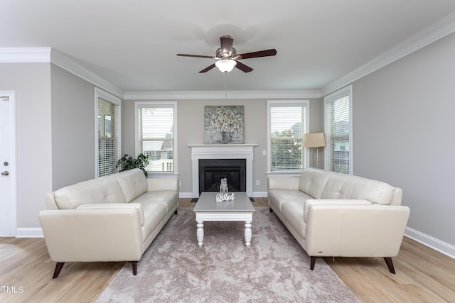 453 Granite Saddle Dr, Rolesville, NC 27571 - living room featuring light wood finished floors, ceiling fan, ornamental molding, a glass covered fireplace, and baseboards