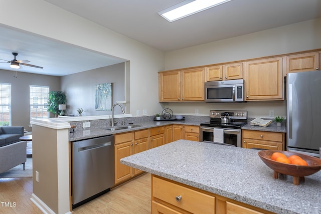 7244 Galon Glen Rd, Raleigh, NC 27613 - kitchen featuring stainless steel appliances, a sink, light wood-style floors, a peninsula, and open floor plan