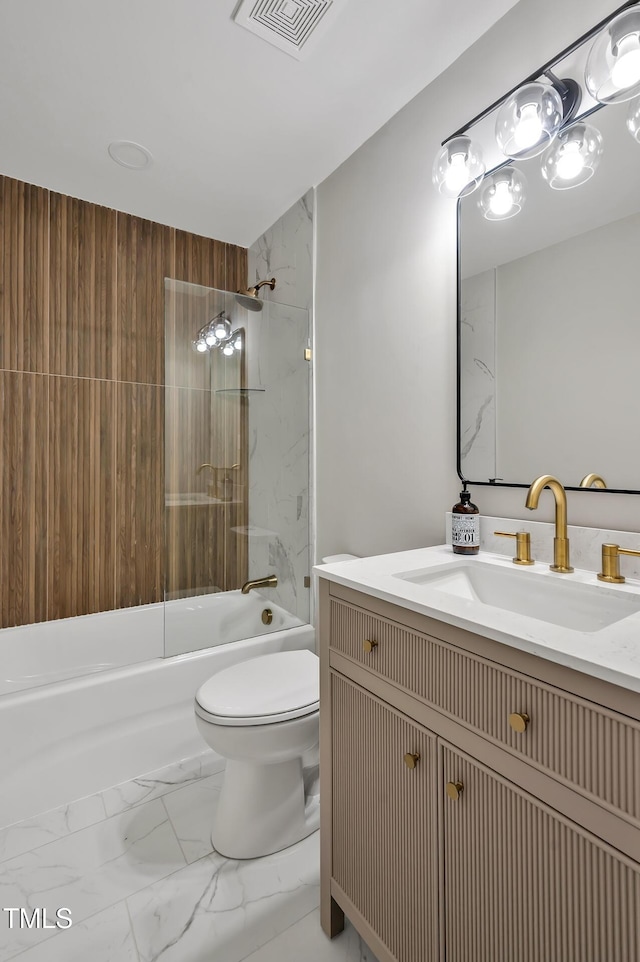 2200 Wyman Pl, Durham, NC 27707 - full bath featuring marble look tiles, toilet, shower / washtub combination, and vanity