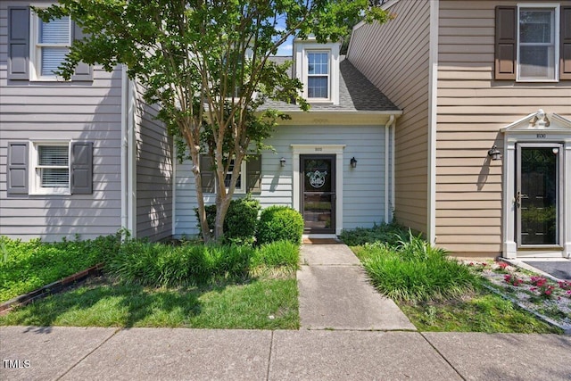 doorway to property featuring a shingled roof