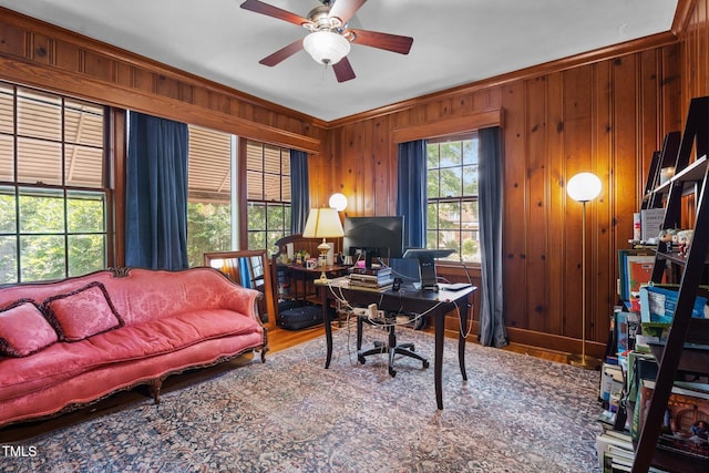 925 S Chestnut St, Henderson, NC 27536 - office area featuring ceiling fan, wood walls, wood finished floors, and ornamental molding