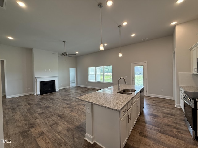 kitchen with appliances with stainless steel finishes, a sink, a fireplace, a ceiling fan, and dark wood finished floors