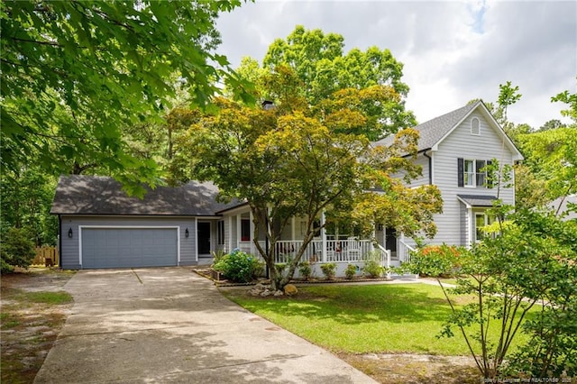 view of front of home with concrete driveway, an attached garage, a front lawn, and covered porch