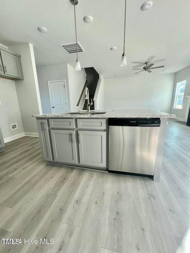5134 Holly Hill Ct Lot 28, Battleboro, NC 27809 - kitchen with dishwasher, a sink, gray cabinetry, and light wood-style floors