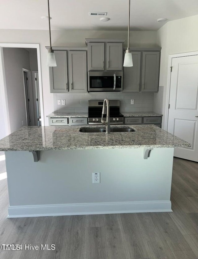 5134 Holly Hill Ct Lot 28, Battleboro, NC 27809 - kitchen with stainless steel appliances, gray cabinetry, a sink, wood finished floors, and a breakfast bar area