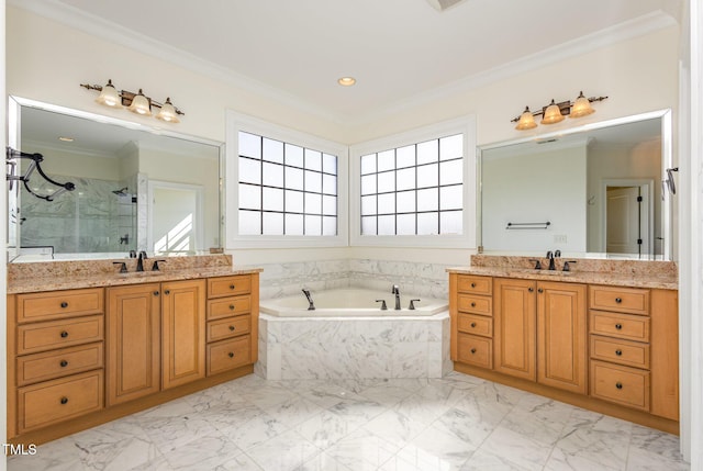 15 Treviso Pl, Durham, NC 27707 - full bath with a marble finish shower, crown molding, a garden tub, marble finish floors, and two vanities