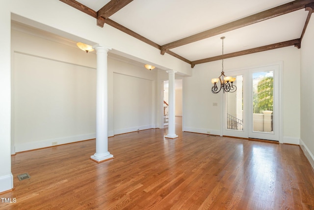 15 Treviso Pl, Durham, NC 27707 - unfurnished living room with beamed ceiling, wood finished floors, a chandelier, baseboards, and decorative columns