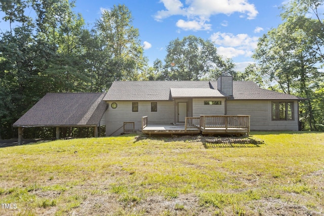 5900 Ebenezer Church Rd, Raleigh, NC 27612 - rear view of house featuring a wooden deck, a yard, a chimney, and a shingled roof