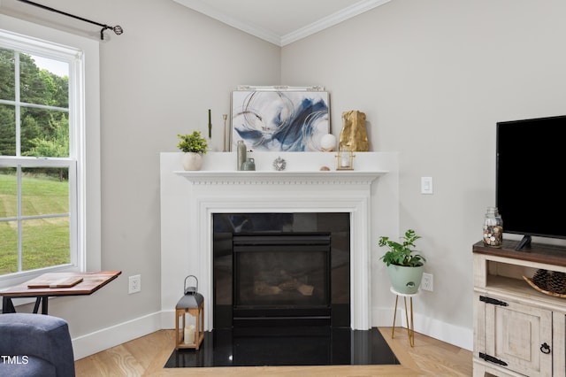 2004 Tennessee Rd, Durham, NC 27704 - detailed view of crown molding, wood finished floors, baseboards, and a fireplace with flush hearth