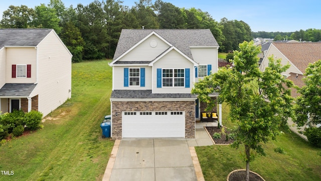 2004 Tennessee Rd, Durham, NC 27704 - traditional-style home featuring stone siding, driveway, an attached garage, and roof with shingles