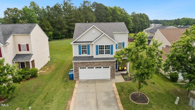 2004 Tennessee Rd, Durham, NC 27704 - traditional-style house featuring stone siding, driveway, a garage, a front lawn, and roof with shingles
