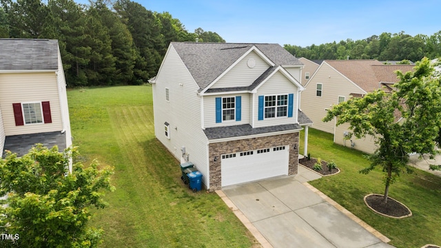 2004 Tennessee Rd, Durham, NC 27704 - traditional-style home with stone siding, driveway, an attached garage, and a front lawn