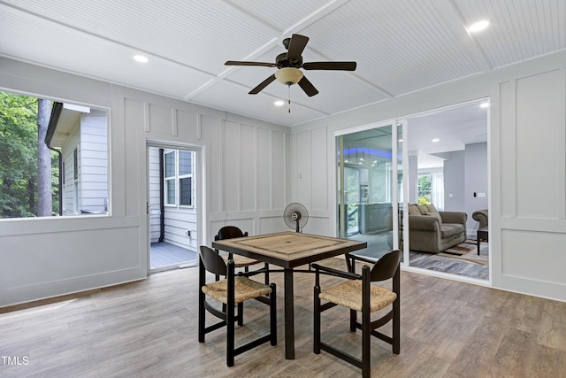 1003 E Sterlington Pl, Apex, NC 27502 - dining space with a decorative wall, a ceiling fan, light wood finished floors, and recessed lighting