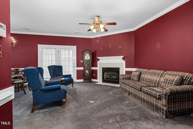 106 Irene Ct, Rocky Mount, NC 27804 - carpeted living room featuring a ceiling fan, crown molding, a fireplace with flush hearth, and baseboards