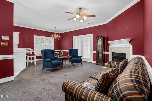 106 Irene Ct, Rocky Mount, NC 27804 - carpeted living area featuring a chandelier, a ceiling fan, ornamental molding, a fireplace, and baseboards