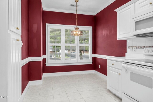 106 Irene Ct, Rocky Mount, NC 27804 - kitchen with white appliances, a chandelier, white cabinets, light countertops, and ornamental molding