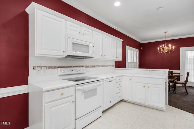 106 Irene Ct, Rocky Mount, NC 27804 - kitchen featuring white appliances, a chandelier, light countertops, white cabinets, and crown molding