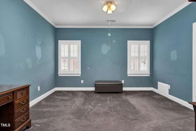 106 Irene Ct, Rocky Mount, NC 27804 - spare room with a ceiling fan, dark carpet, ornamental molding, and baseboards