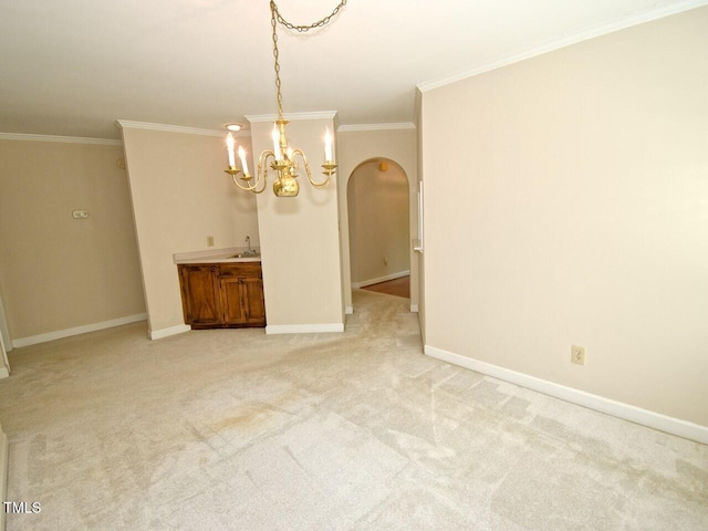 119 Long Shadow Ln, Cary, NC 27518 - unfurnished room with a chandelier, arched walkways, light colored carpet, crown molding, and baseboards