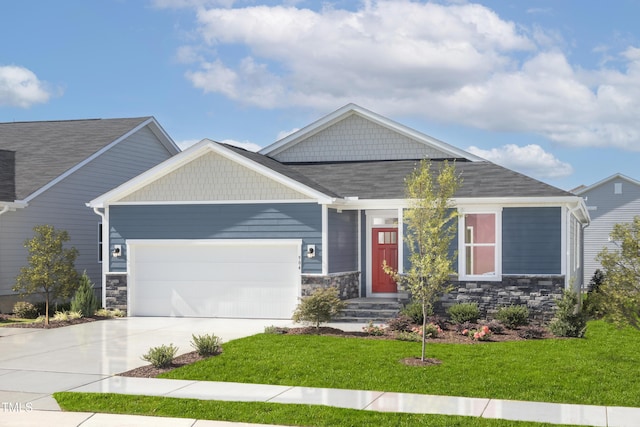 904 Emmer St, Rolesville, NC 27571 - craftsman house featuring an attached garage, concrete driveway, a front yard, and stone siding