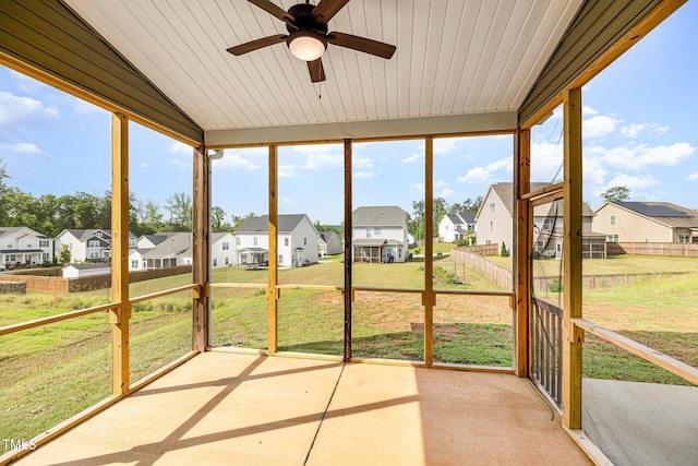 111 Laporte Path, Garner, NC 27529 - unfurnished sunroom featuring a residential view, a ceiling fan, and plenty of natural light