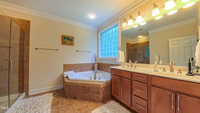 99 Grassy Creek Way, Chapel Hill, NC 27517 - full bath with a shower stall, double vanity, tile patterned flooring, a bath, and ornamental molding