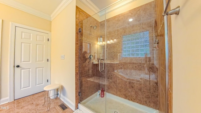 99 Grassy Creek Way, Chapel Hill, NC 27517 - full bathroom with crown molding, a shower stall, baseboards, and tile patterned flooring