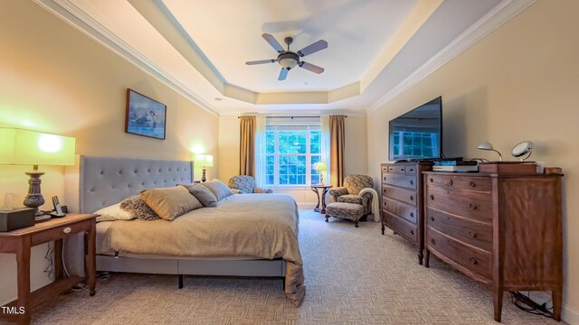 99 Grassy Creek Way, Chapel Hill, NC 27517 - bedroom featuring a raised ceiling, carpet, a ceiling fan, and ornamental molding