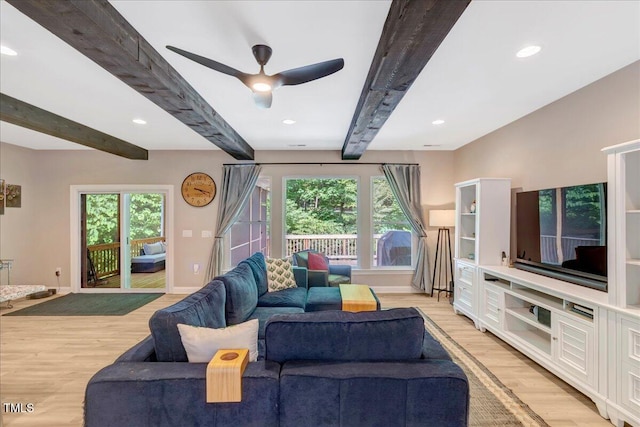 10304 Stallion Way, Bahama, NC 27503 - living area featuring beam ceiling, light wood-type flooring, plenty of natural light, a ceiling fan, and recessed lighting