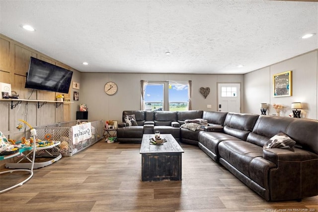 182 Ajax Dr, Saint Pauls, NC 28384 - living room with wood finished floors, a textured ceiling, and recessed lighting