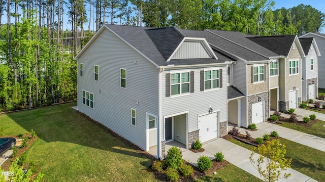 view of property exterior featuring a garage, driveway, stone siding, and a yard