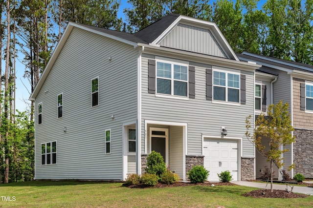 view of property exterior featuring board and batten siding, a garage, a lawn, and stone siding