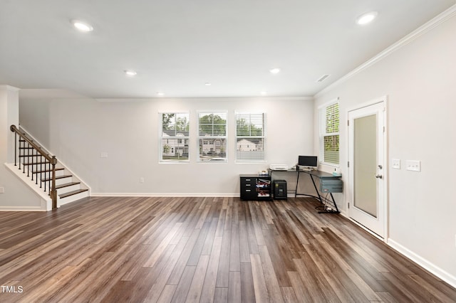 office with wood finished floors, ornamental molding, baseboards, and recessed lighting