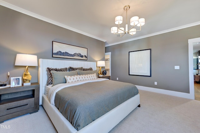 carpeted bedroom featuring crown molding, a chandelier, and baseboards