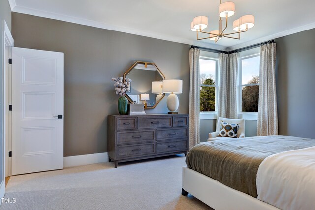 bedroom featuring a chandelier, crown molding, light carpet, and baseboards