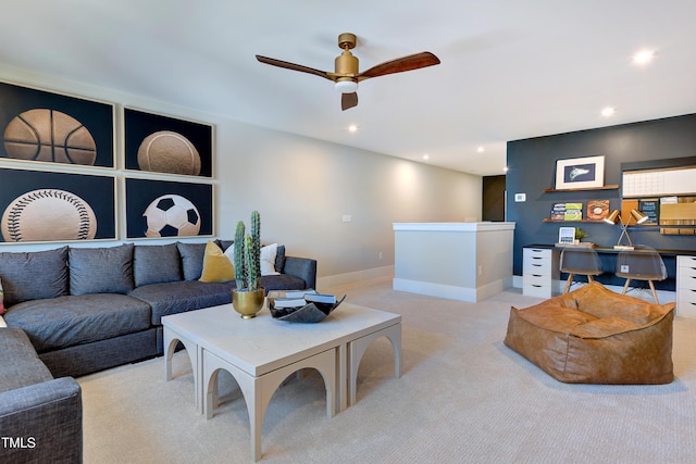 living room featuring light carpet, a ceiling fan, recessed lighting, baseboards, and an office area