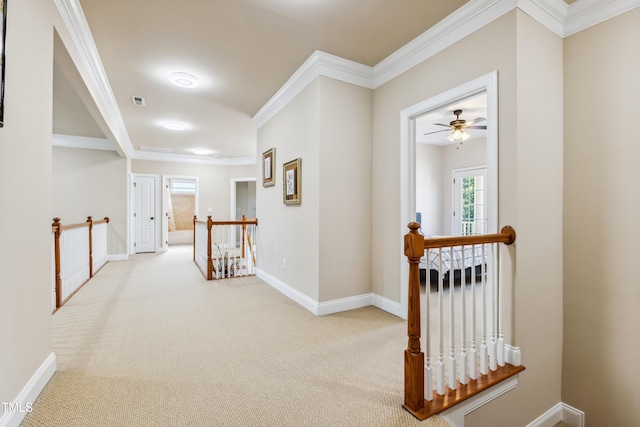 3404 Mount Pisgah Way, Cary, NC 27519 - hallway featuring an upstairs landing, carpet floors, crown molding, and baseboards