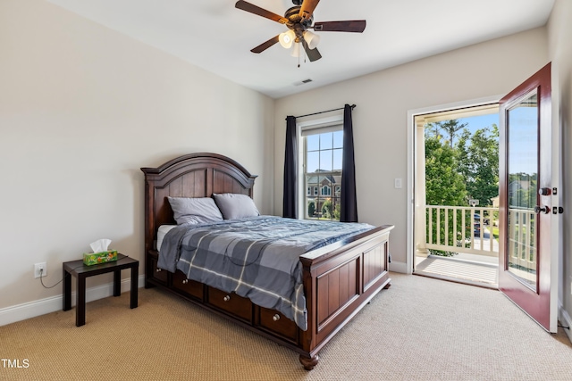 3404 Mount Pisgah Way, Cary, NC 27519 - bedroom featuring light carpet, access to exterior, baseboards, and a ceiling fan