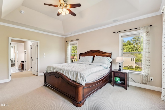3404 Mount Pisgah Way, Cary, NC 27519 - bedroom featuring a tray ceiling, carpet flooring, baseboards, crown molding, and a ceiling fan
