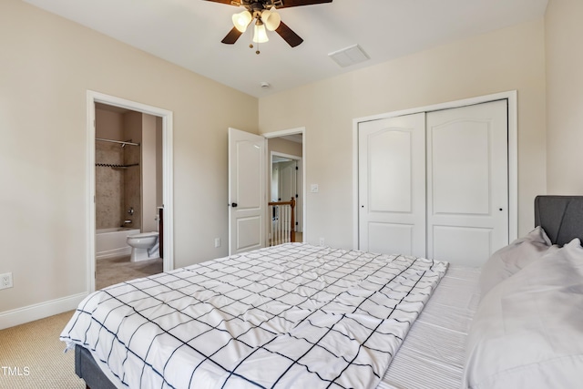 3404 Mount Pisgah Way, Cary, NC 27519 - bedroom with a closet, light colored carpet, baseboards, connected bathroom, and a ceiling fan