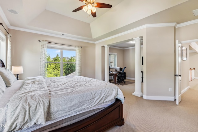 3404 Mount Pisgah Way, Cary, NC 27519 - bedroom with ornate columns, light colored carpet, baseboards, a tray ceiling, and ceiling fan