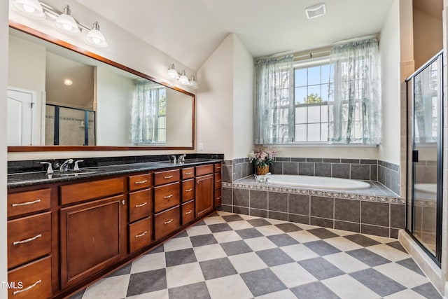 3404 Mount Pisgah Way, Cary, NC 27519 - bathroom with double vanity, a bath, and a shower stall