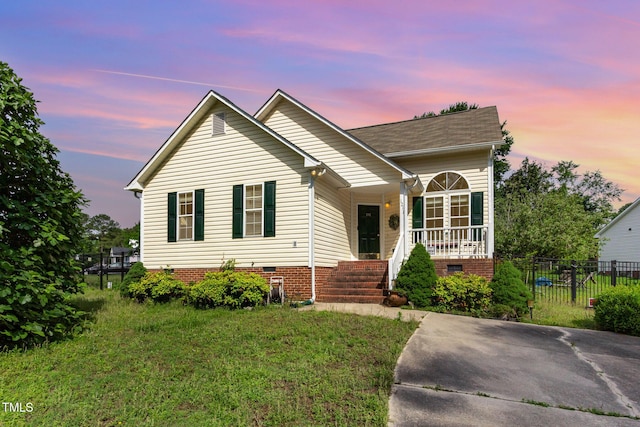single story home with covered porch, crawl space, and fence