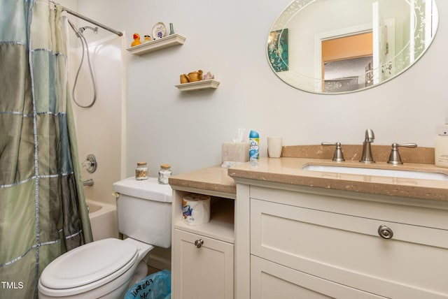full bath with vanity, toilet, and shower / bathtub combination with curtain