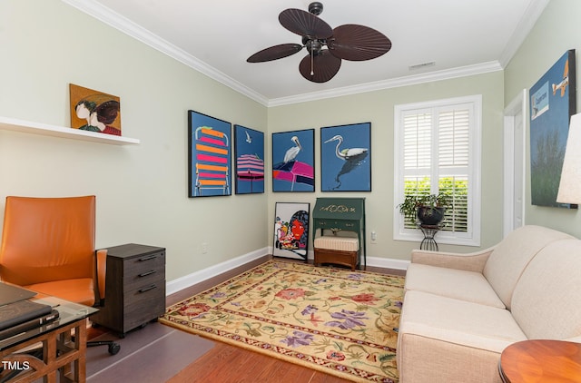 241 Serenity Hill Cir, Chapel Hill, NC 27516 - living room featuring ornamental molding, wood finished floors, baseboards, and ceiling fan