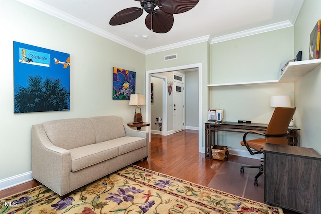 241 Serenity Hill Cir, Chapel Hill, NC 27516 - office area with wood finished floors, ornamental molding, ceiling fan, and baseboards