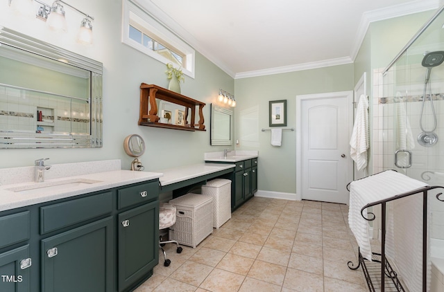 241 Serenity Hill Cir, Chapel Hill, NC 27516 - full bath with crown molding, a shower stall, two vanities, tile patterned floors, and baseboards