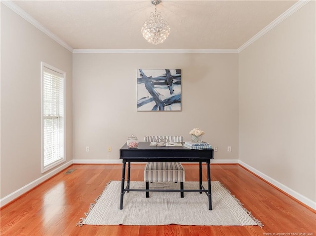 2815 Prioress Dr, Fayetteville, NC 28306 - office featuring crown molding, wood finished floors, baseboards, and a chandelier
