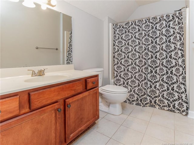 2815 Prioress Dr, Fayetteville, NC 28306 - bathroom with tile patterned flooring, toilet, vanity, lofted ceiling, and curtained shower