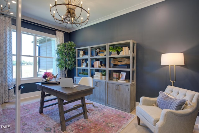 office area with a chandelier, wood finished floors, crown molding, and baseboards